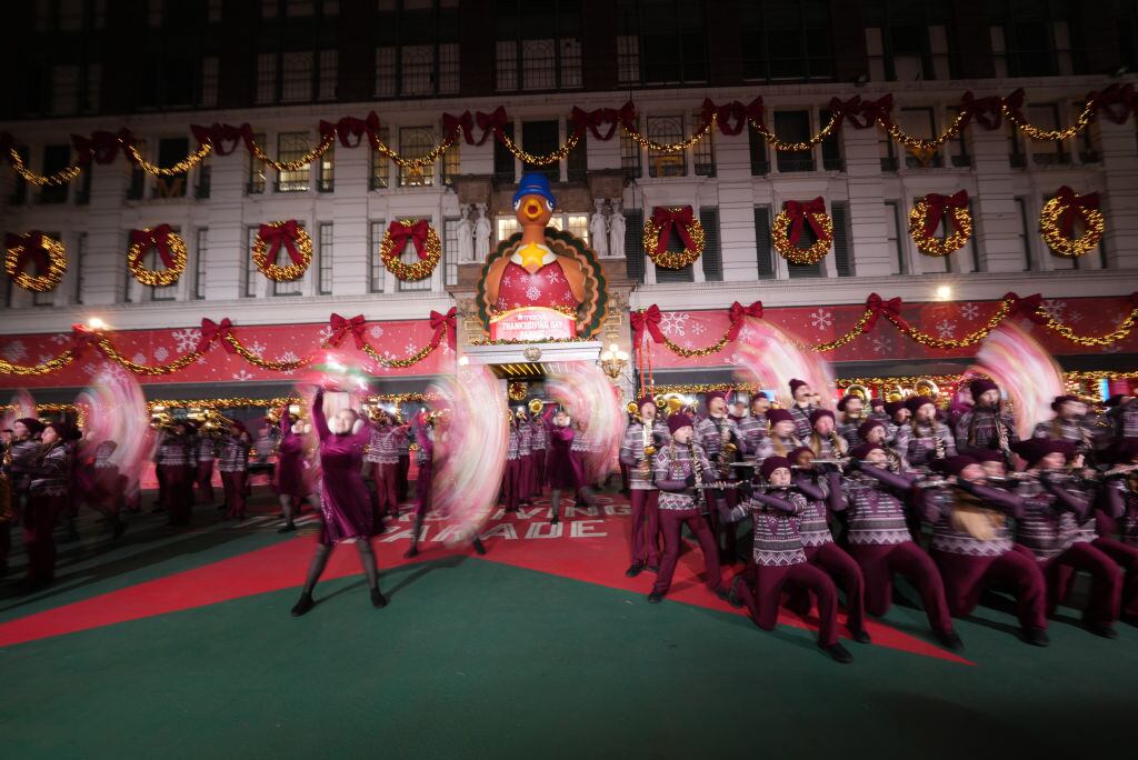 The Lake Hamilton High School Marching Band rehearses during day 1 of the 2024 Macy’s Thanksgiving Day Parade Rehearsals at Macy’s Herald Square on November 25, 2024 in New York City. John Nacion/Getty Images