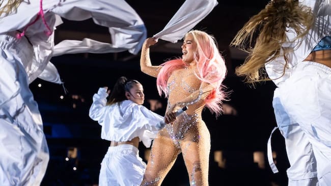 Karol G performs onstage during the Karol G Mañana Será Bonito Tour stop at Hard Rock Stadium on August 25, 2023 in Miami Gardens, Florida. Jason Koerner/Getty Images