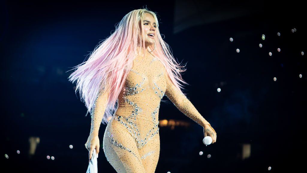 Colombian singer Karol G performs onstage during the Karol G Mañana Será Bonito Tour stop at Hard Rock Stadium on August 25, 2023 in Miami Gardens, Florida. Jason Koerner/Getty Images