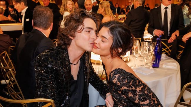 Timothée Chalamet and Kylie Jenner at the 81st Golden Globe Awards on January 7, 2024. (Christopher Polk/Getty Images)