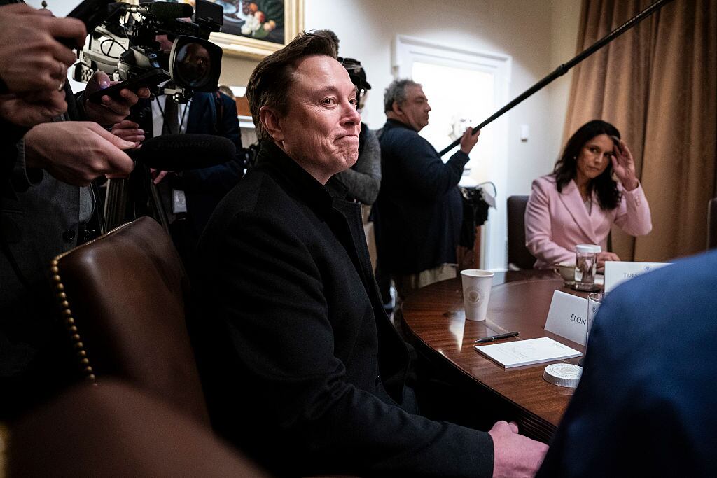 Elon Musk listens as President Donald J Trump speaks during a cabinet meeting at the White House on Thursday, April 10, 2025 in Washington, DC. Jabin Botsford/The Washington Post via Getty Images