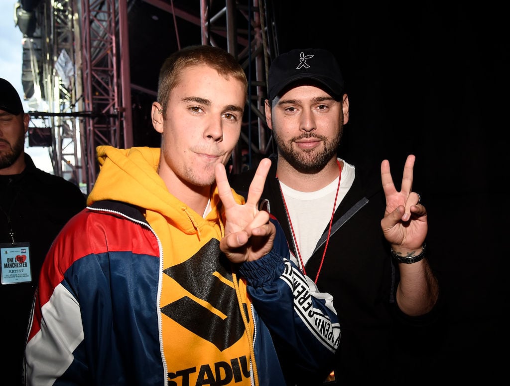 Justin Bieber and Scooter Braun backstage during the One Love Manchester Benefit Concert at Old Trafford Cricket Ground on June 4, 2017 in Manchester, England. Kevin Mazur/One Love Manchester/Getty Images for One Love Manchester