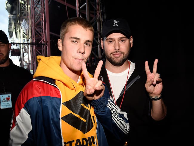 Justin Bieber and Scooter Braun backstage during the One Love Manchester Benefit Concert at Old Trafford Cricket Ground on June 4, 2017 in Manchester, England. Kevin Mazur/One Love Manchester/Getty Images for One Love Manchester