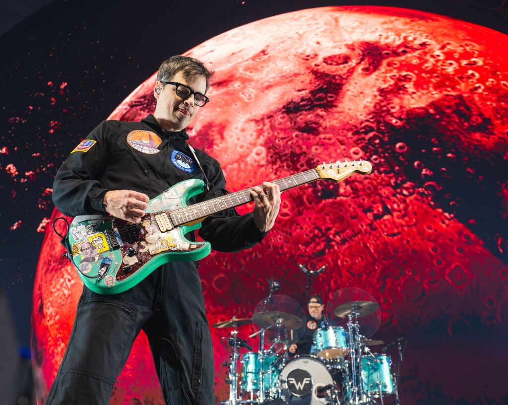 Rivers Cuomo and Patrick Wilson of Weezer perform at Golden 1 Center on October 08, 2024 in Sacramento, California. Steve Jennings/Getty Images