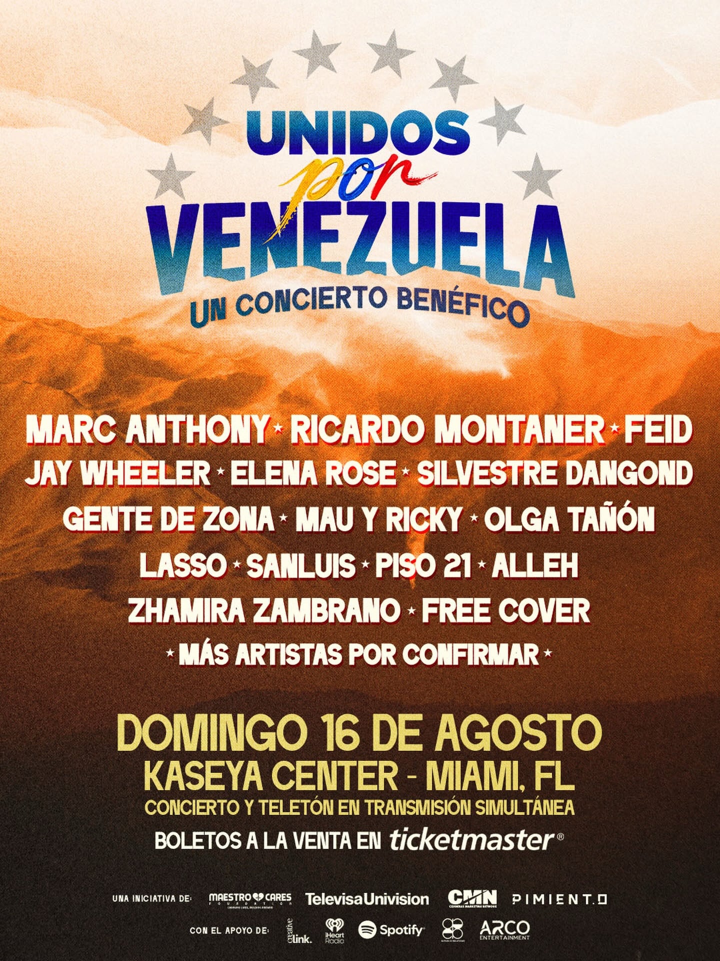 Cartel de Unidos por Venezuela, el concierto benéfico que tendrá lugar el 16 de agosto en Miami, FL.