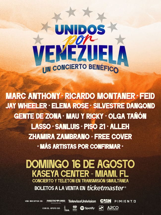 Cartel de Unidos por Venezuela, el concierto benéfico que tendrá lugar el 16 de agosto en Miami, FL.