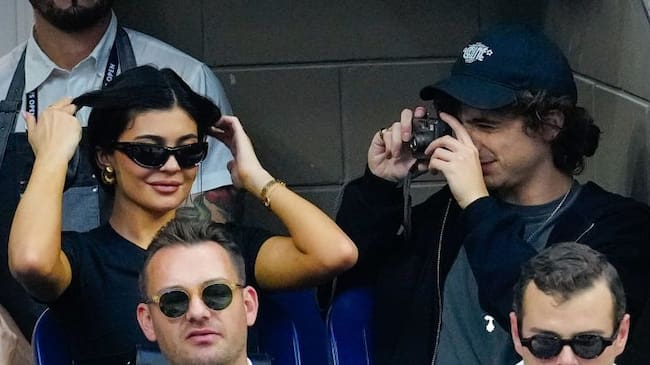 Kylie Jenner and Timothée Chalamet at the Final game with Novak Djokovic vs. Daniil Medvedev at the 2023 US Open Tennis Championships. Gotham/Getty Images.