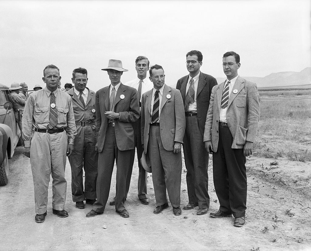 Dr. Kenneth.T. Bainbridge (Harvard University); Joseph G. Hoffman, (Buffalo, NY); Dr. J.R. Oppenheimer, Director of Los Alamos Atomic Bomb Project; Dr. L.H. Hempelman, (Washington University in St. Louis); Dr. R.F. Bacher (Cornell University); Dr. V.W. Weisskopf, (University of Rochester); and Dr. Richard W. Dodson (California). | Getty.