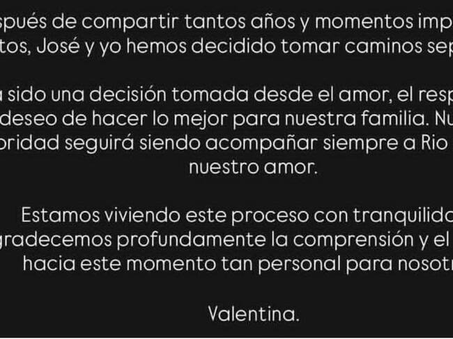 Comunicado oficial Valentina Ferrer Via Instagram