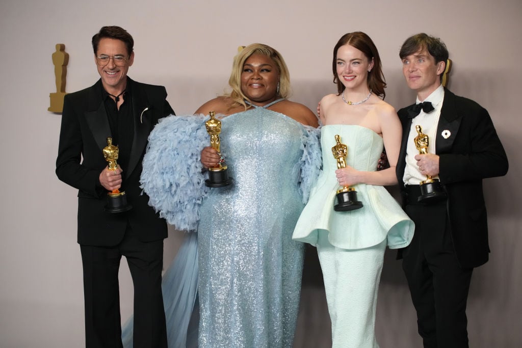 Robert Downey Jr., winner of the Best Actor in a Supporting Role award for “Oppenheimer”, Da’Vine Joy Randolph, winner of the Best Supporting Actress award for “The Holdovers”, Emma Stone, winner of the Best Actress in a Leading Role award for “Poor Things”, and Cillian Murphy, winner of the Best Actor in a Leading Role award for “Oppenheimer”, pose in the press room during the 96th Annual Academy Awards at Ovation Hollywood on March 10, 2024 in Hollywood, California. Jeff Kravitz/FilmMagic
