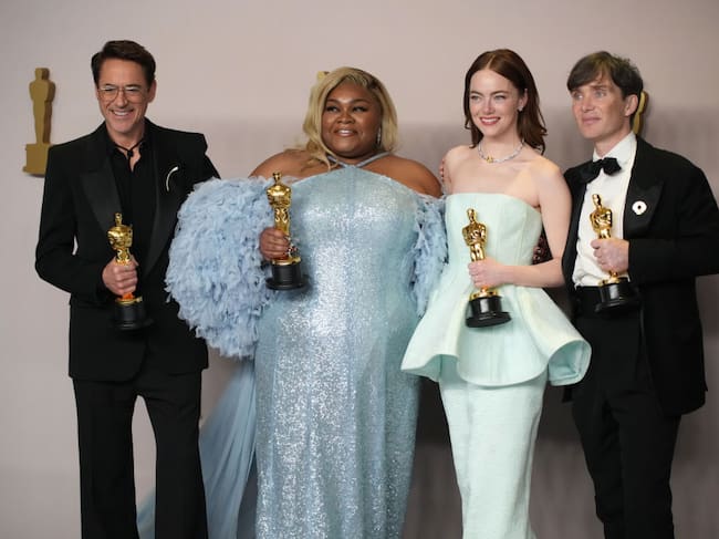 Robert Downey Jr., winner of the Best Actor in a Supporting Role award for “Oppenheimer”, Da’Vine Joy Randolph, winner of the Best Supporting Actress award for “The Holdovers”, Emma Stone, winner of the Best Actress in a Leading Role award for “Poor Things”, and Cillian Murphy, winner of the Best Actor in a Leading Role award for “Oppenheimer”, pose in the press room during the 96th Annual Academy Awards at Ovation Hollywood on March 10, 2024 in Hollywood, California. Jeff Kravitz/FilmMagic