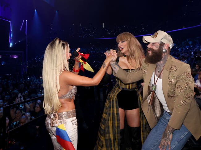 Karol G, Taylor Swift and Post Malone attend the 2024 MTV Video Music Awards at UBS Arena on September 11, 2024 in Elmont, New York. Johnny Nunez/Getty Images for MTV