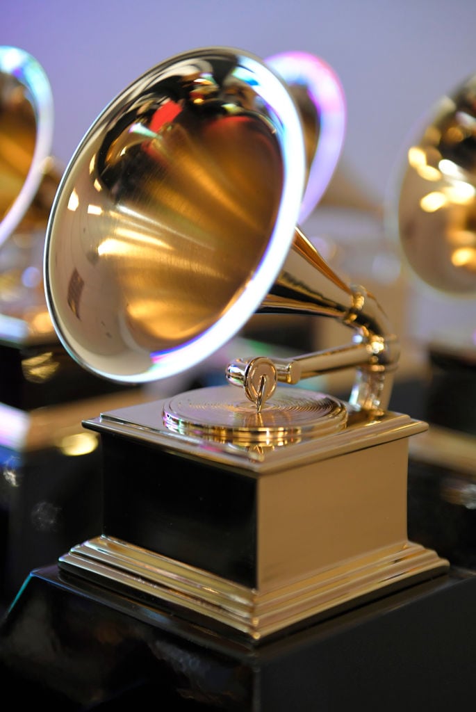 Grammy trophies sit in the press room during the 64th Annual GRAMMY Awards. David Becker/Getty.
