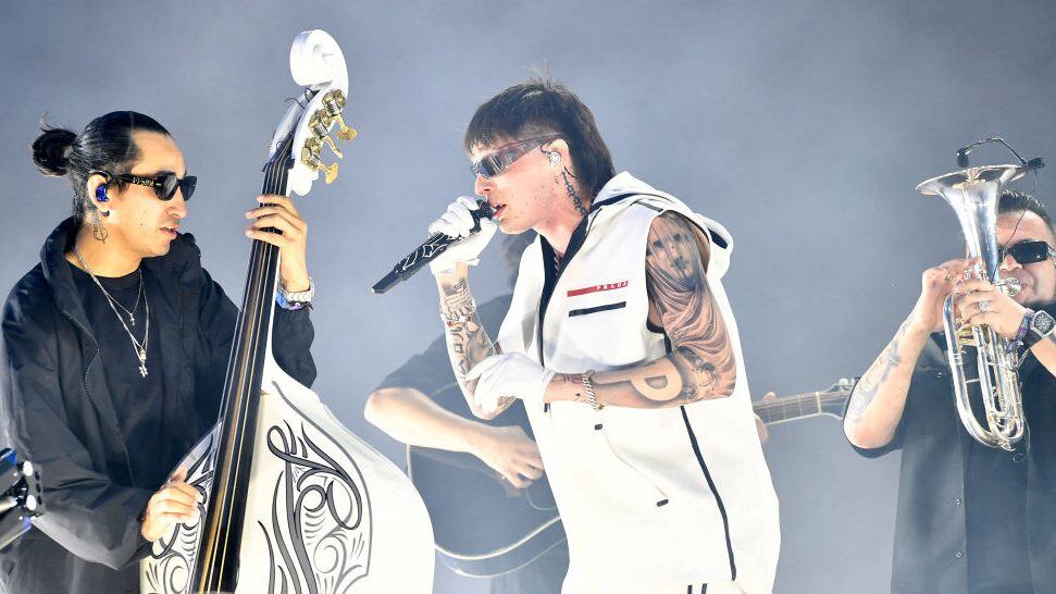 Mexican singer Peso Pluma performs on the Coachella Stage during the Coachella Valley Music and Arts Festival in Indio, California, on April 12, 2024. VALERIE MACON/ Getty Images.