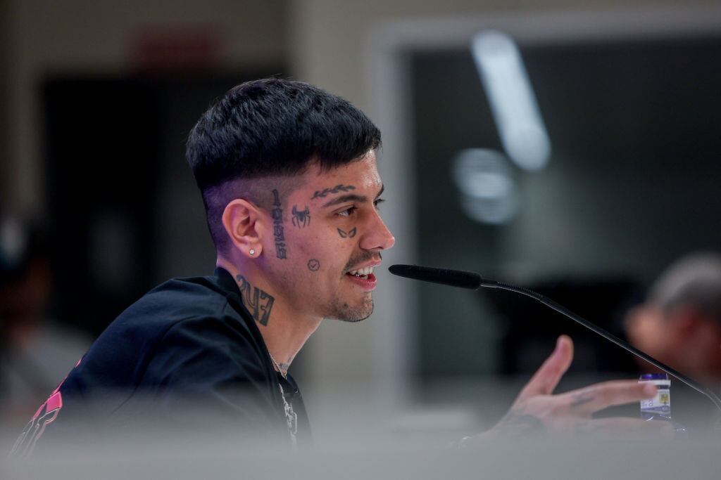 Argentine singer Duki during a press conference at the Santiago Bernabeu Stadium, on June 6, 2024, in Madrid, Spain. Duki offers a press conference on the occasion of his concert next Saturday, June 8 at the Santiago Bernabeu, where he presents his tour ‘ADA Tour’. Ricardo Rubio/Europa Press via Getty Images