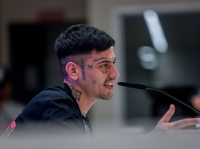 Argentine singer Duki during a press conference at the Santiago Bernabeu Stadium, on June 6, 2024, in Madrid, Spain. Duki offers a press conference on the occasion of his concert next Saturday, June 8 at the Santiago Bernabeu, where he presents his tour ‘ADA Tour’. Ricardo Rubio/Europa Press via Getty Images