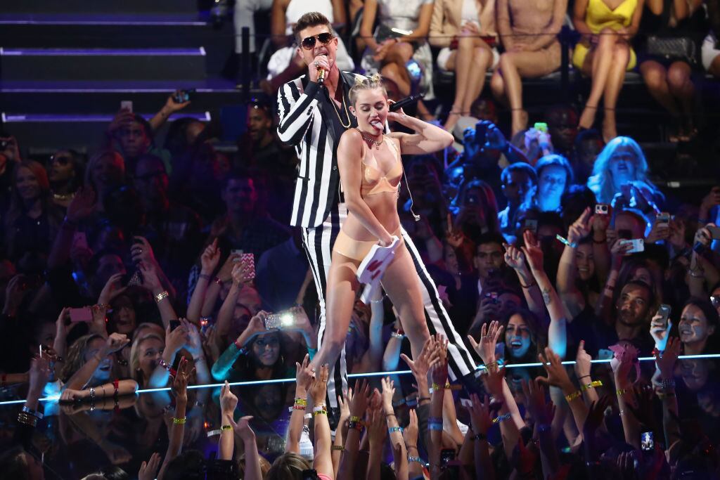 Miley Cyrus and Robin Thicke perform onstage during the 2013 MTV Video Music Awards at the Barclays Center on August 25, 2013 in the Brooklyn borough of New York City. Neilson Barnard/Getty Images for MTV