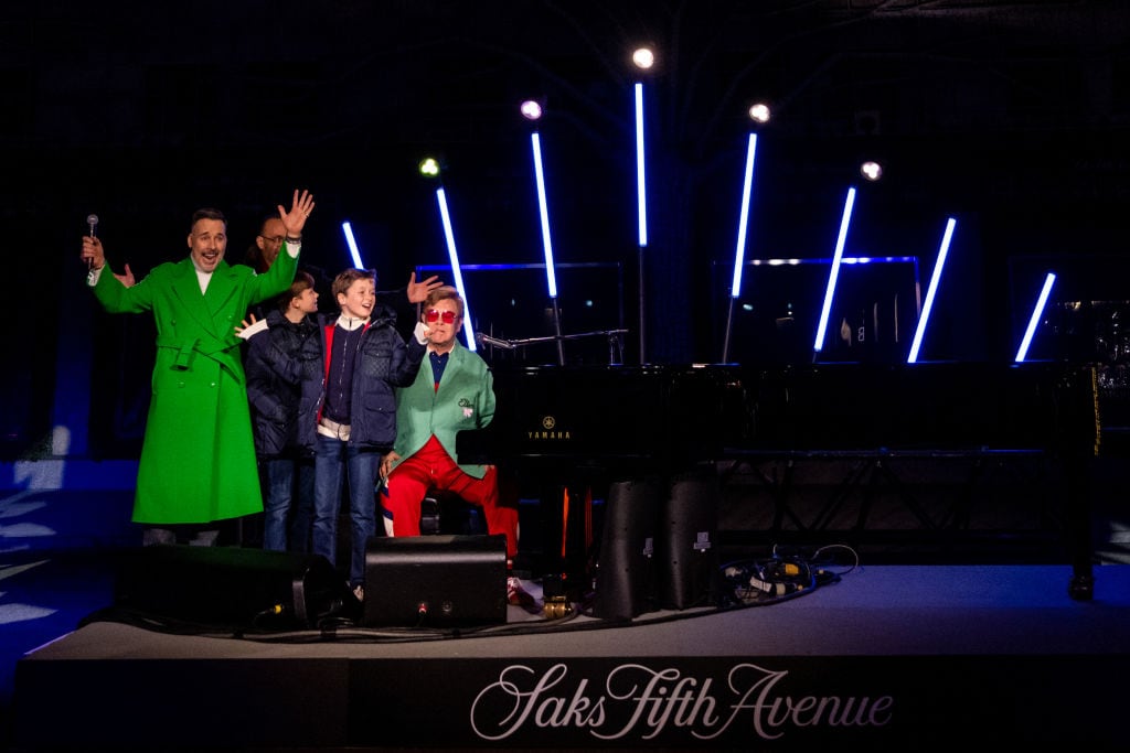 David Furnish, Sir Elton John and their sons Zachary Jackson Levon, Elijah Joseph Daniel on November 22, 2022 in New York City. Alexi Rosenfeld/Getty Images.