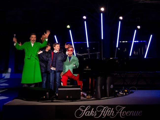 David Furnish, Sir Elton John and their sons Zachary Jackson Levon, Elijah Joseph Daniel on November 22, 2022 in New York City. Alexi Rosenfeld/Getty Images.