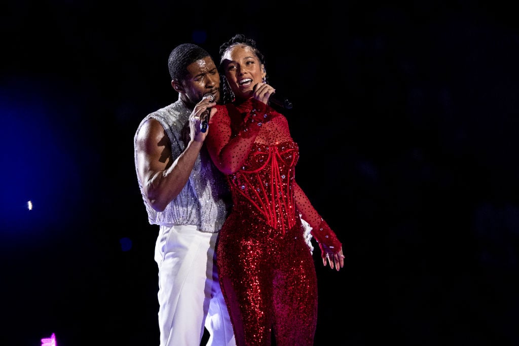 Usher performs with Alicia Keys during the Apple Music Super Bowl LVIII Halftime Show at Allegiant Stadium on February 11, 2024 in Las Vegas, Nevada. Lauren Leigh Bacho/Getty Images