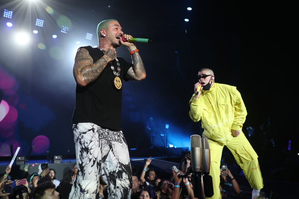 J Balvin and Puerto Rican singer Bad Bunny performs on stage during the Uforia Latino Mix Live. Omar Vega/Getty Images.