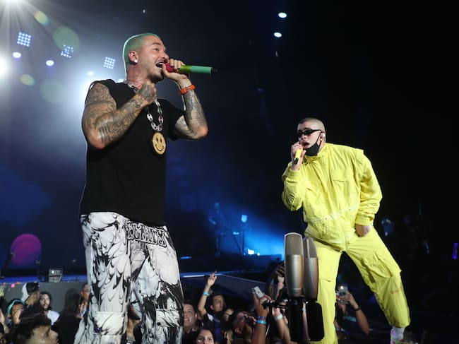 J Balvin and Puerto Rican singer Bad Bunny performs on stage during the Uforia Latino Mix Live. Omar Vega/Getty Images.