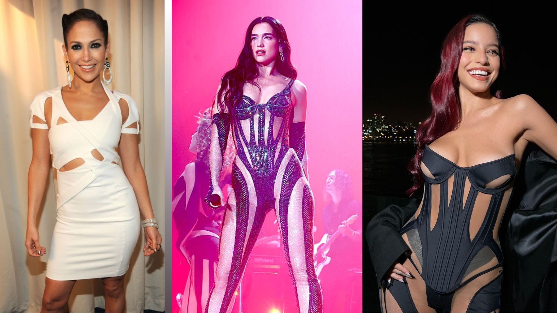 JLo in 2009 Vs. Dua Lipa & Emilia in 2023. Getty Images / Instagram.