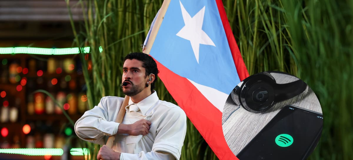 Bad Bunny y logo de Spotify // Fotos: Getty Images