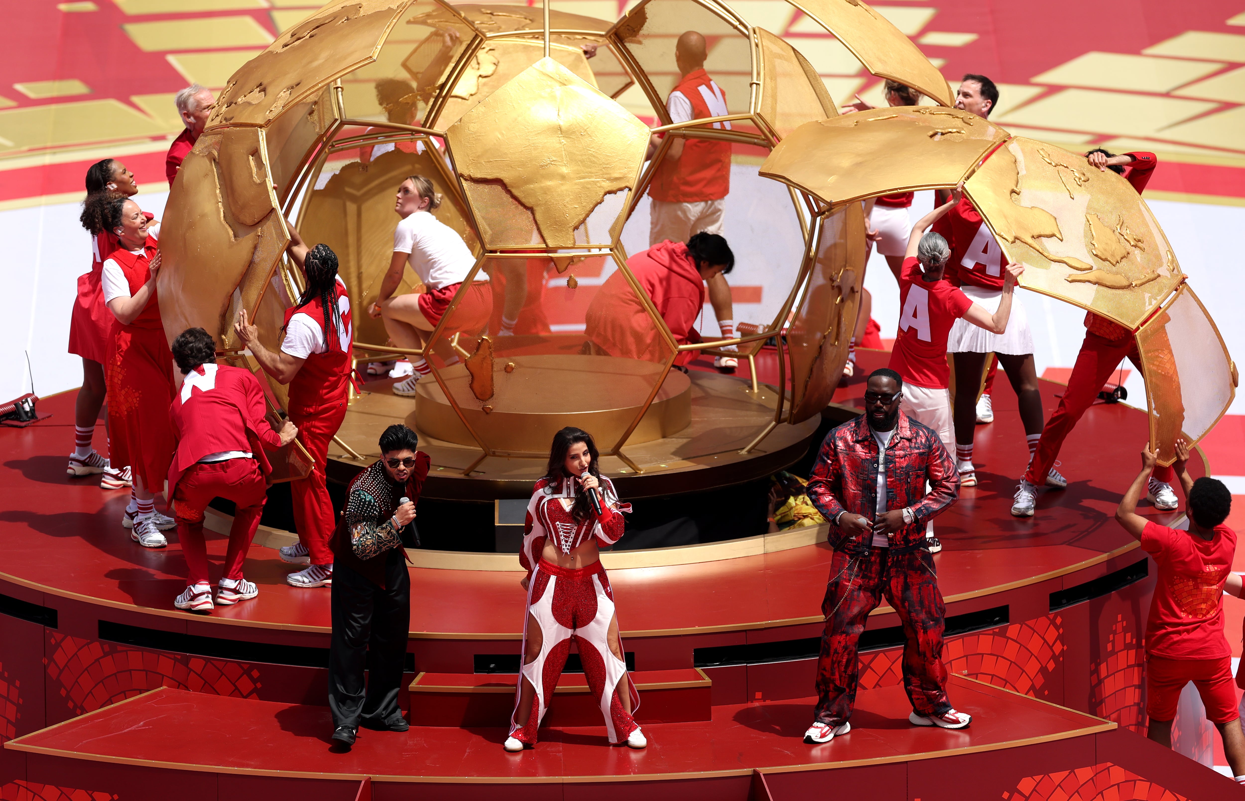Sanjoy, Nora Fatehi and Vegedream perform during the Opening Ceremony before the FIFA World Cup 2026 Group B match between Canada and Bosnia and Herzegovina at Toronto Stadium on June 12, 2026 in Toronto, Ontario.