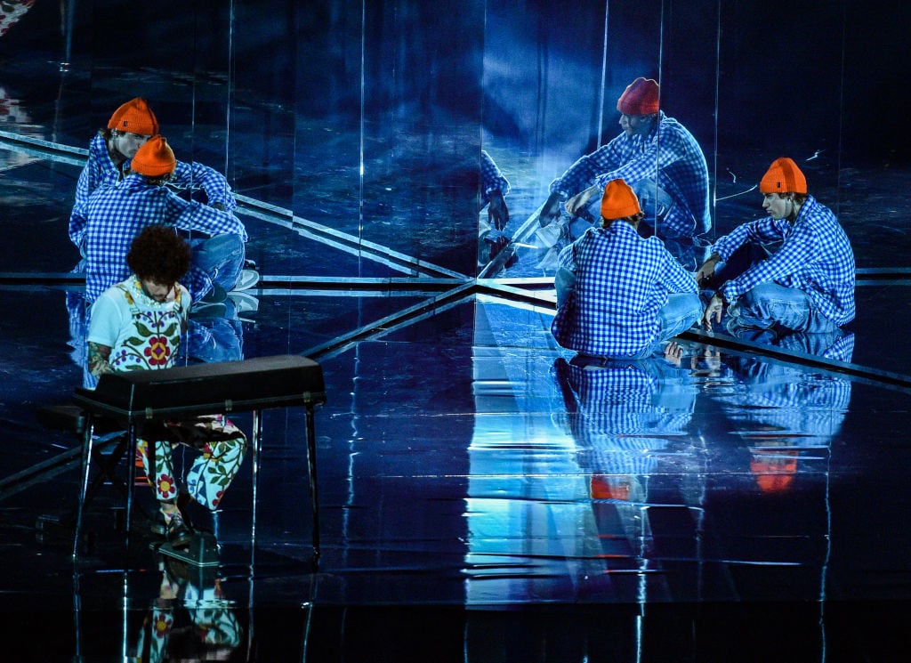 Justin Bieber and Benny Blanco performing at the 2020 American Music Awards, hosted by Taraji P. Henson aired from the Microsoft Theater in Los Angeles, SUNDAY, NOV. 22 on ABC. ABC via Getty Images