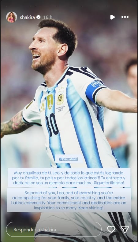 Shakira le dedica unas palabras a Lionel Messi en Instagram tras la victoria de Argentina sobre Austria el 22 de junio de 2026