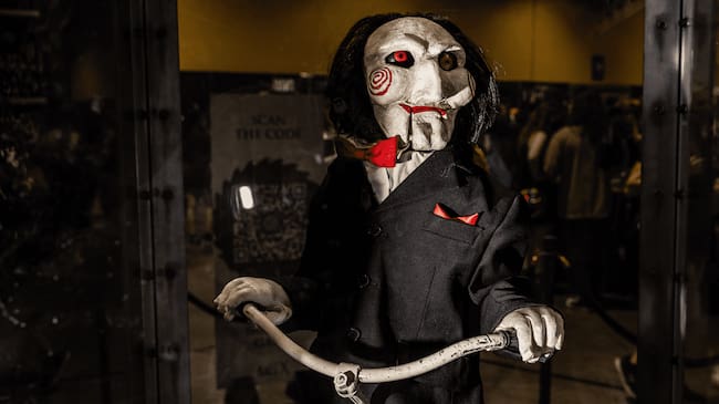 ‘Billy the Puppet,’ from the <em>SAW</em> horror film franchise, making its first public appearance, as part of the <em>SAW X</em>. Jay L. Clendenin/Getty Images.