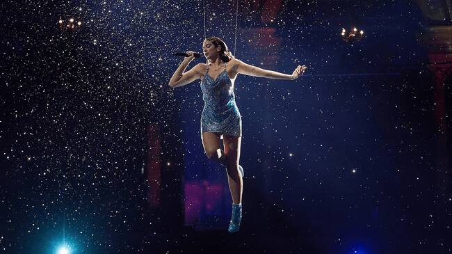 Dua Lipa performs onstage for the 2020 American Music Awards, broadcast on November 22, 2020 in London, England. (Gareth Cattermole/Getty Images)