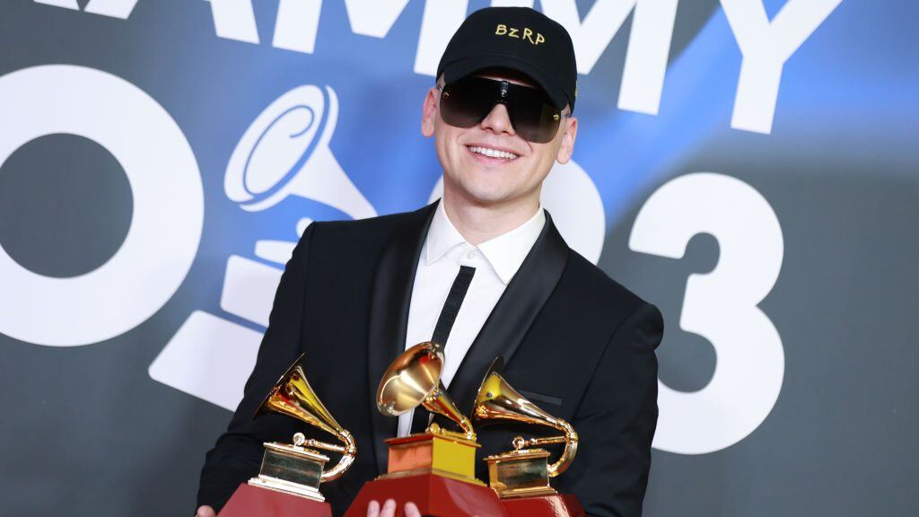 Bizarrap poses with the awards for Best Urban Song, Best Pop Song and Best Urban Fusion/Performance in the media center for The 24th Annual Latin Grammy Awards at FIBES Conference and Exhibition Centre on November 16, 2023 in Seville, Spain. Patricia J. Garcinuno/WireImage