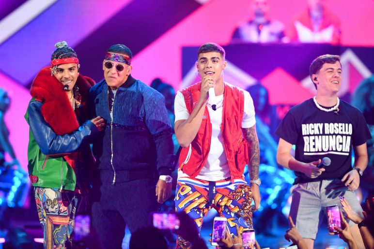 Rauw Alejandro, Daddy Yankee, Lunay and Guaynaa perform together on stage during Premios Juventud 2019