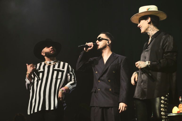 Carin Leon, Spanish rapper C Tangana and Mexican singer Adriel Favela perform on stage at Wizink Center in Madrid