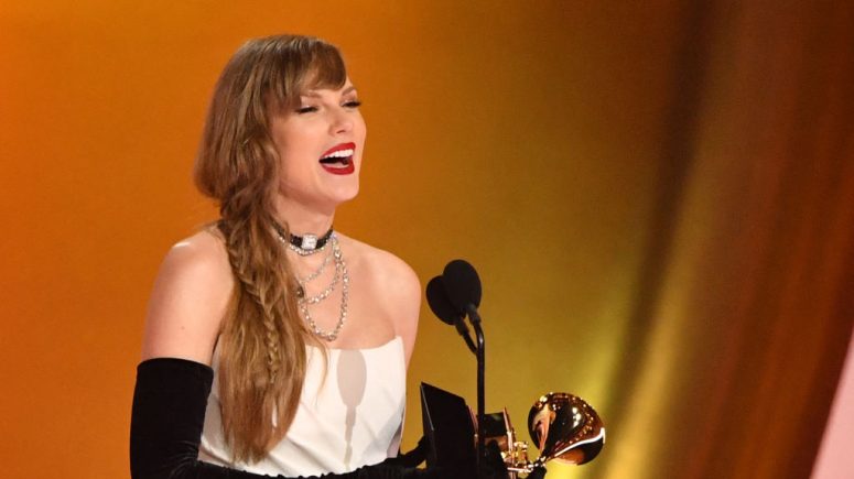 Taylor Swift accepts the Best Pop Vocal Album award for "Midnights" on stage during the 66th Annual Grammy Awards at the Crypto.com Arena