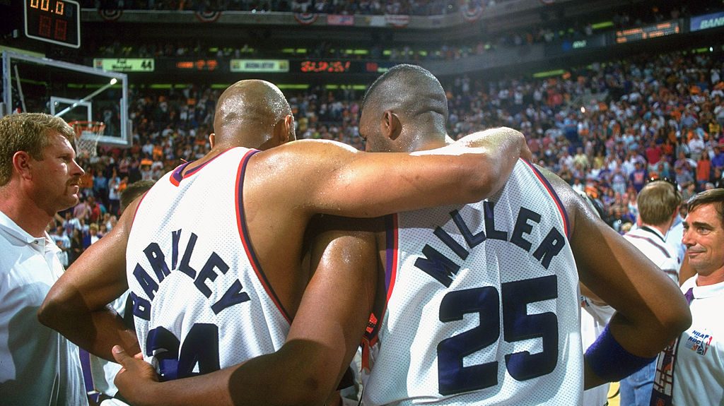 Phoenix Suns Charles Barkley (34) and Oliver Miller (25) during game vs Los Angeles Lakers at America West Arena