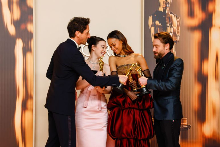 Adrien Brody, Mikey Madison, Zoe Saldana and Kieran Culkin in the press room