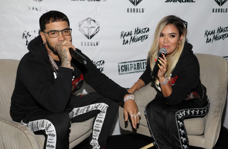 Anuel AA and Karol G are seen at a press conference to announce their joint Latin America Tour 