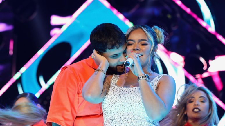 Anuel AA and Karol G perform during "El Culpables Tour" at Arena Ciudad de Mexico 