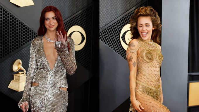 Dua Lipa and Miley Cyrus arrive on the Red Carpet at the Crypto.com Arena in Los Angeles, CA, Sunday, Feb. 4, 2024.
