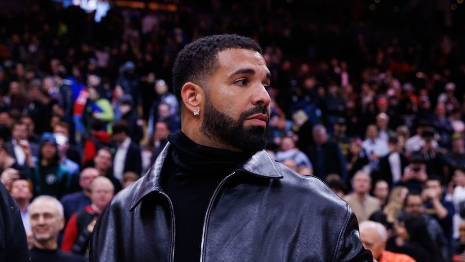 Rapper Drake leaves the court following the NBA game between the Toronto Raptors and the Golden State Warriors at Scotiabank Arena on January 13, 2025 in Toronto, Canada