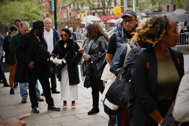 People wait in line outside the Southern District of New York Federal Court