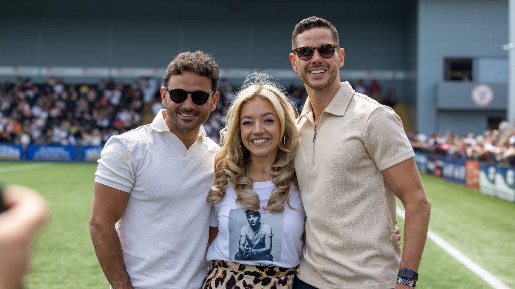 Ryan Thomas, Kelsey Parker and Scott Thomas attend The Tom Parker Charity Football Match at Bromley Football Club on June 18, 2023 in London, England