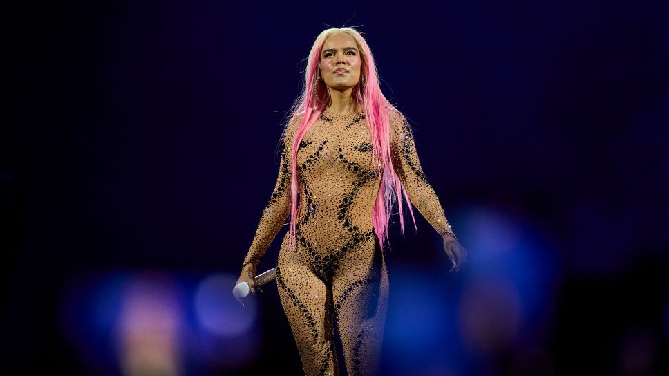 Karol G performs on stage during the "Mañana Será Mejor Europe Summer Tour at Santiago Bernabéu Stadium