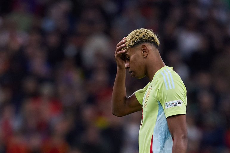 Lamine Yamal of Spain looks dejected during the UEFA Nations League 2025 final match between Portugal and Spain