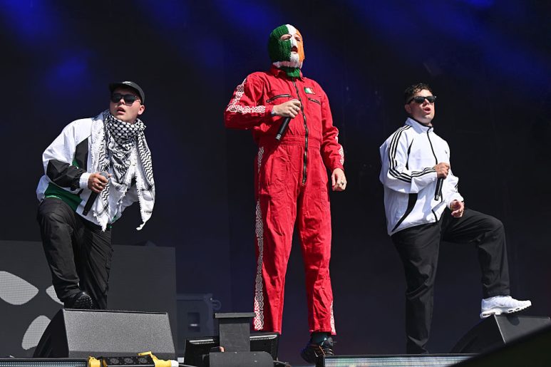 Mo Chara, DJ Provaí and Móglaí Bap of Kneecap during day four of Glastonbury festival 2025