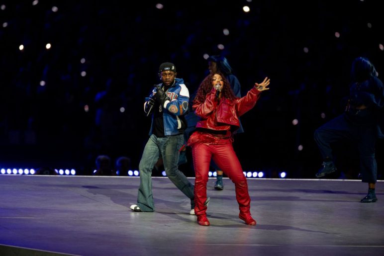 Kendrick Lamar performs with SZA during Apple Music Super Bowl LIX Halftime Show at Caesars Superdome