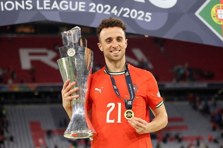 Diogo Jota of Portugal poses for a photograph with the UEFA Nations League